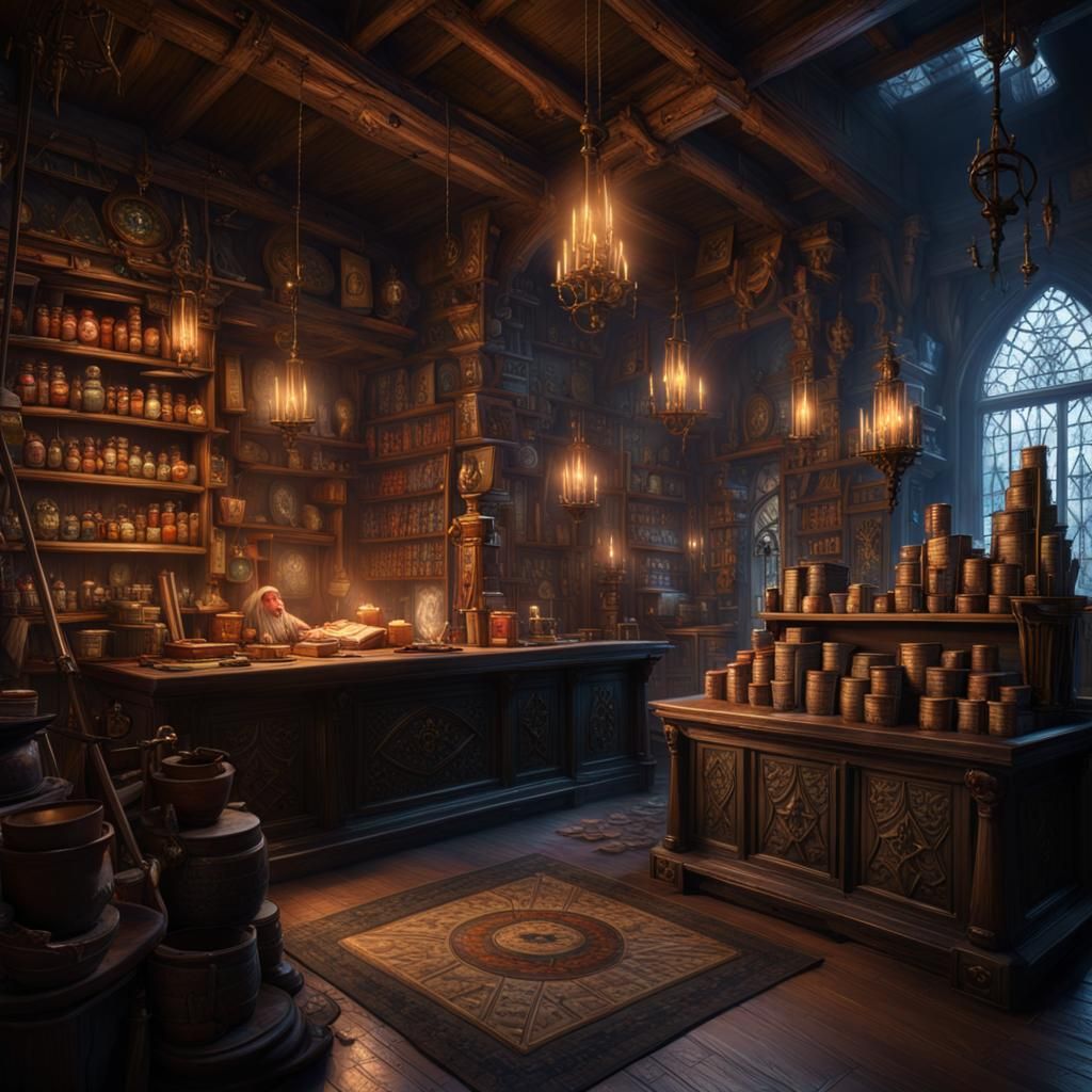 Detailed Wizard's Wand Shop Interior in Fantasy Style