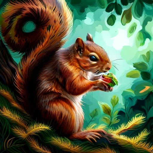 Hyperreal Squirrel Eating a Nut in Forest