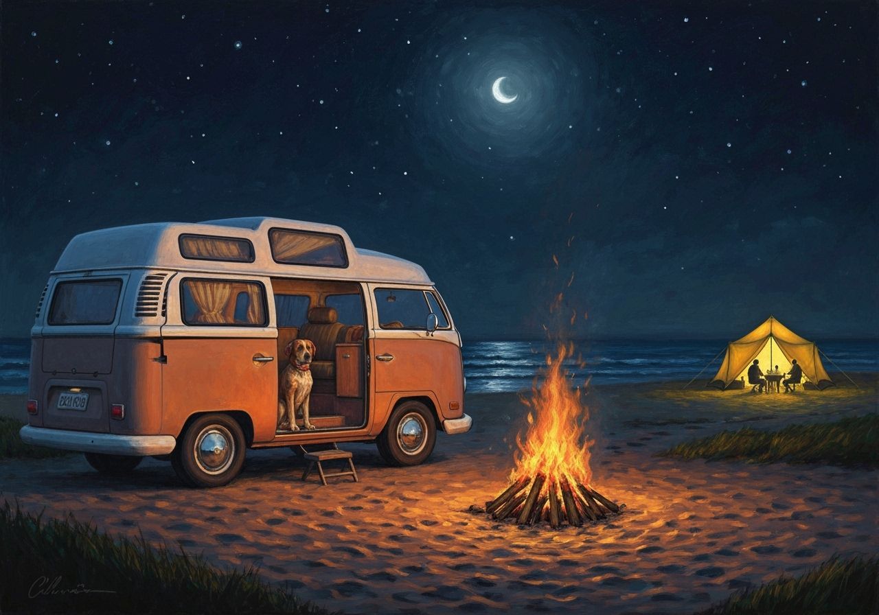 VW Campervan Bonfire on Starry Beach as Expressionist Painti...