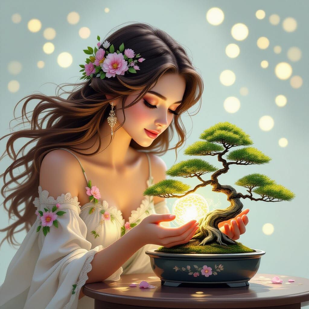 Art Nouveau Woman Admires Glowing Bonsai Tree