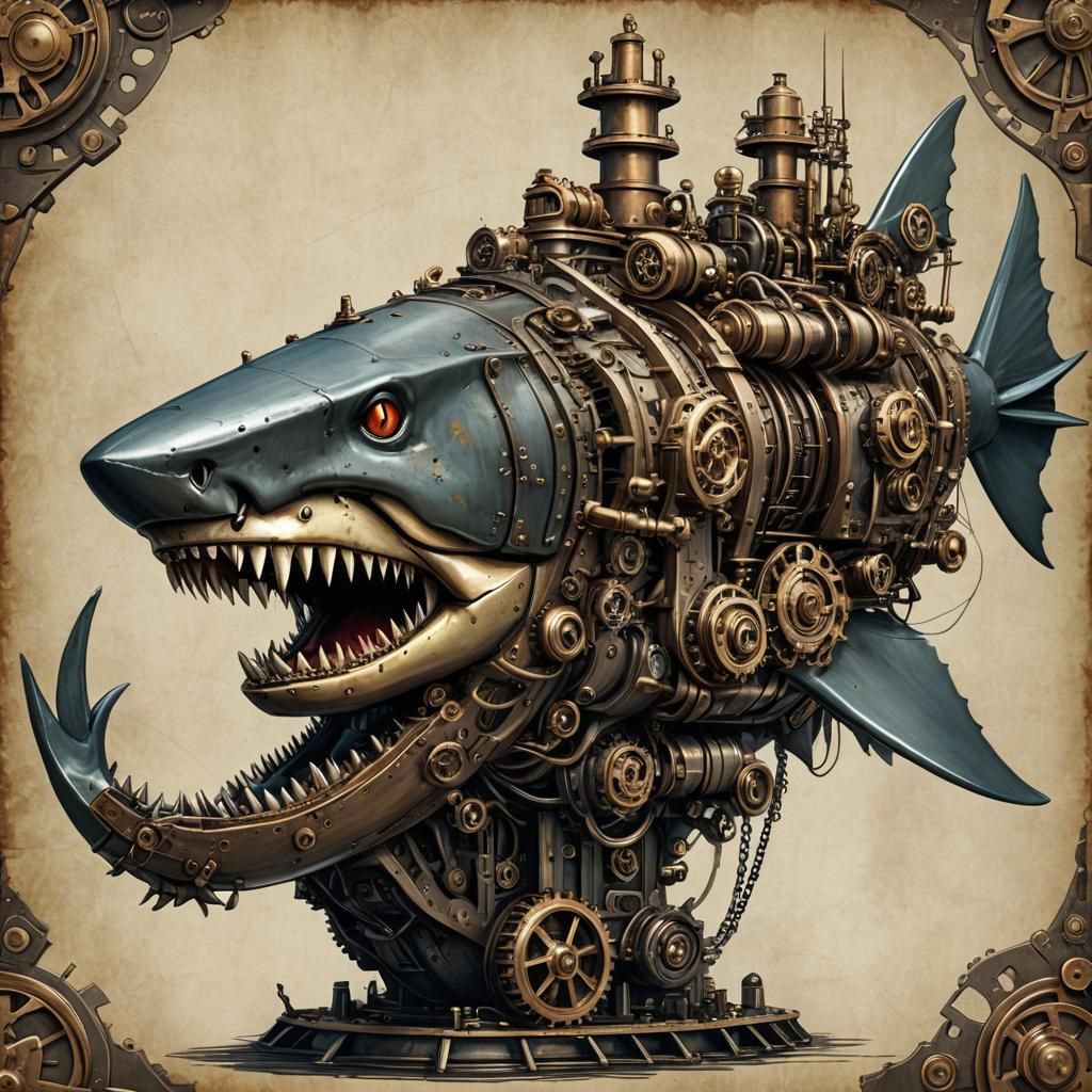 Steampunk Megalodon with Mechanical Details