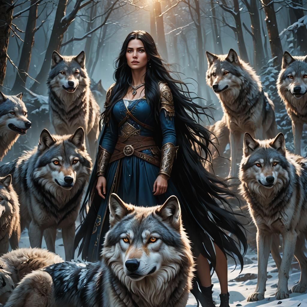 Woman and Man Surrounded by Wolves: Fantasy Art