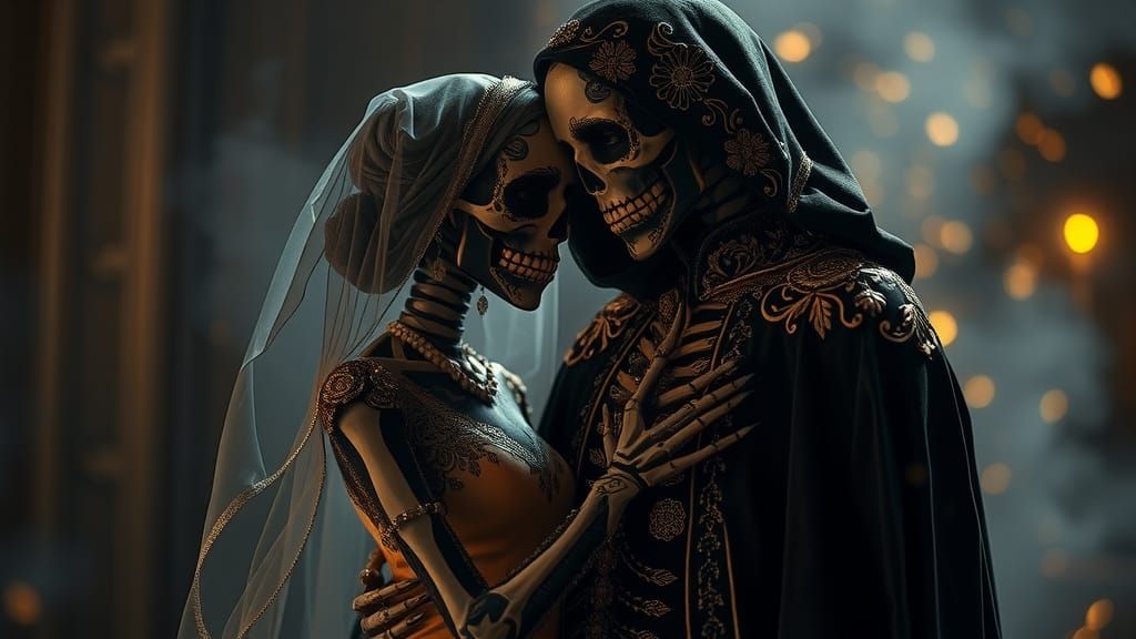 Romantic Skeletons Embrace in Ethereal Ambiance
