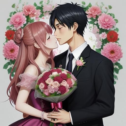 Girl Kissing Boy in Anime Style with Flowers