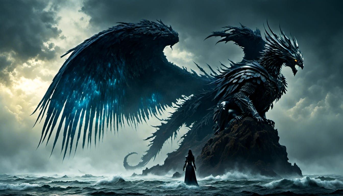 Dark Angel on Misty Ocean Shore