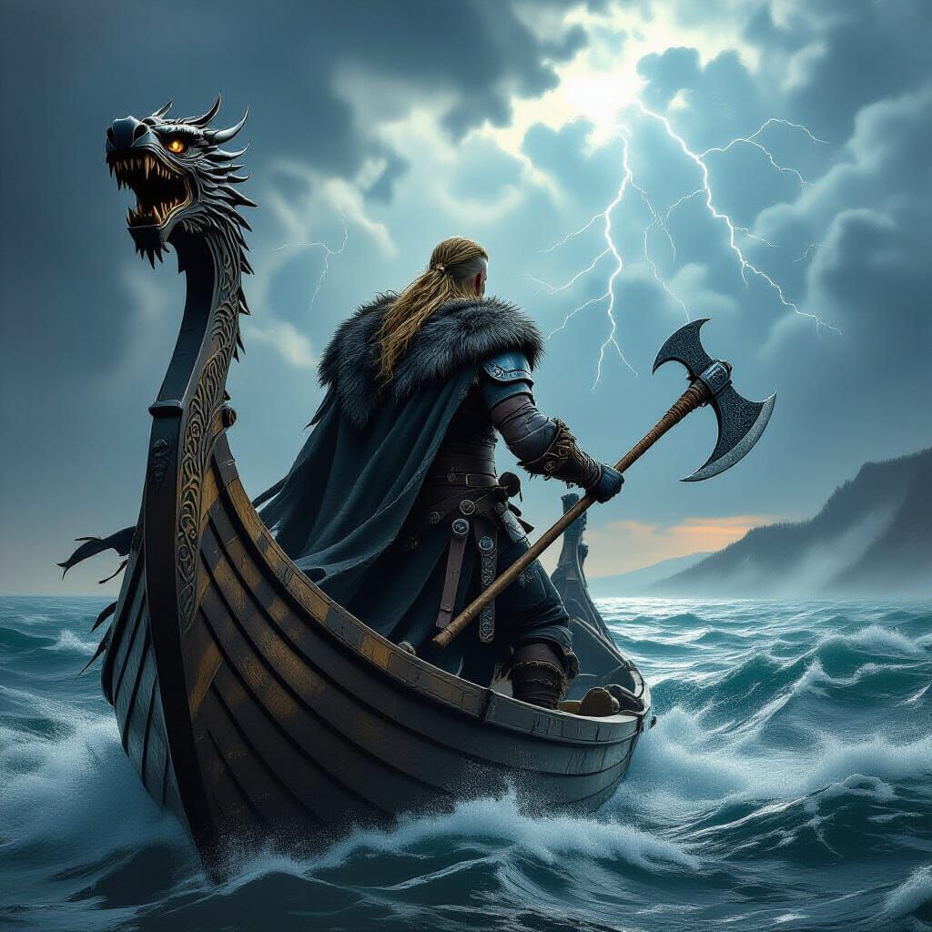 Viking Warrior on Longship in Dark Fantasy Art