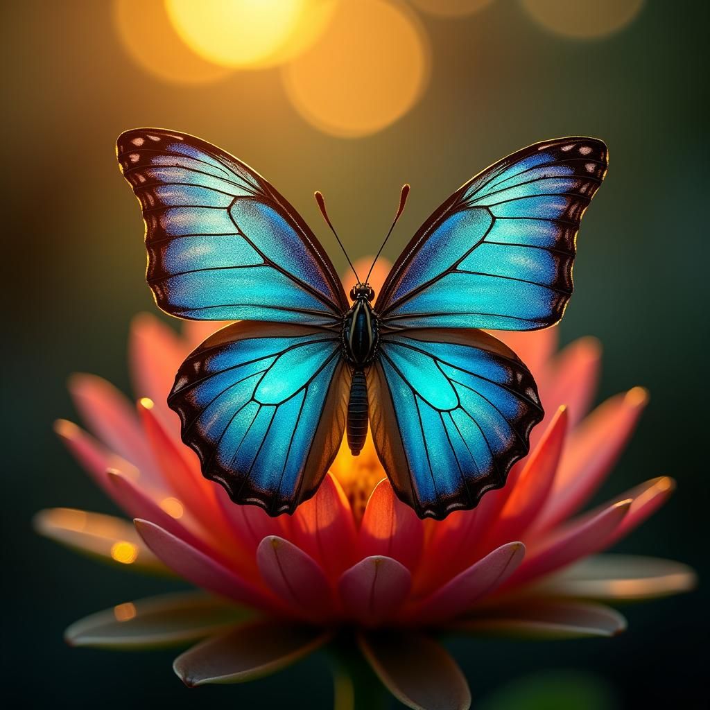 Stained Glass Butterfly on Protea in Golden Hour