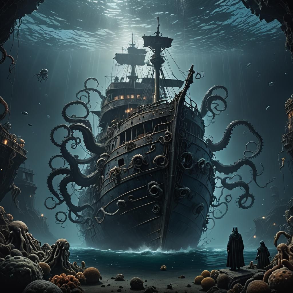 Underwater Shipwreck with Cloaked Figure