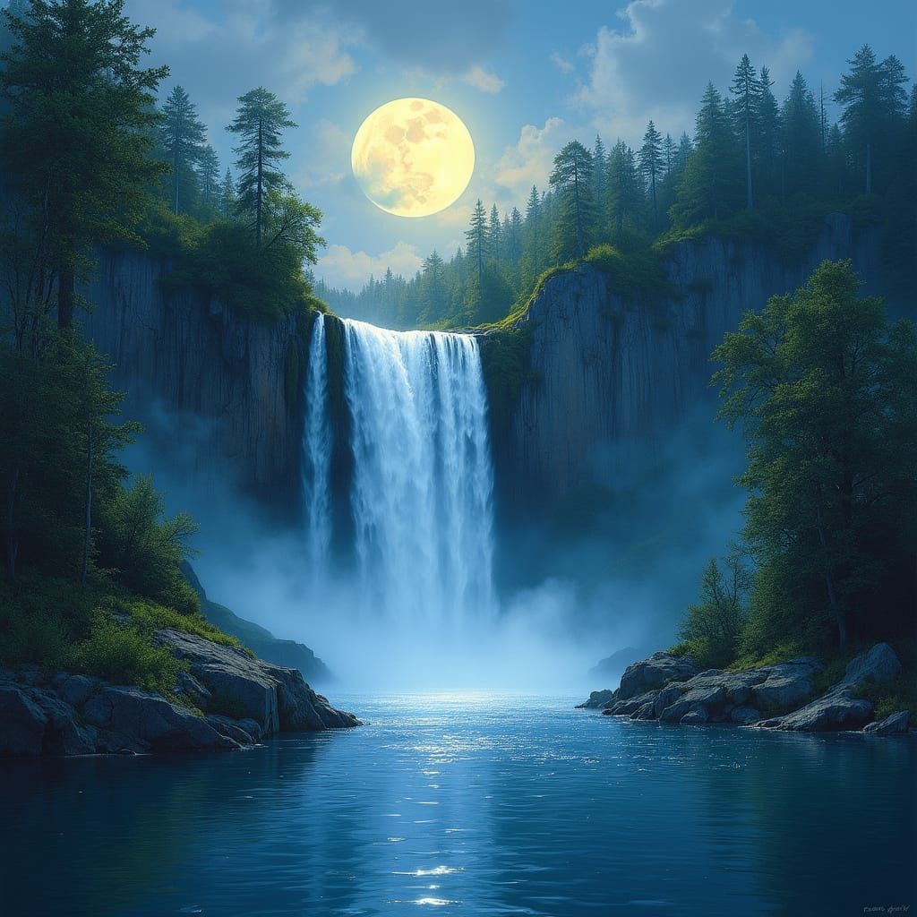 Moonlit Waterfall in Impressionistic Style