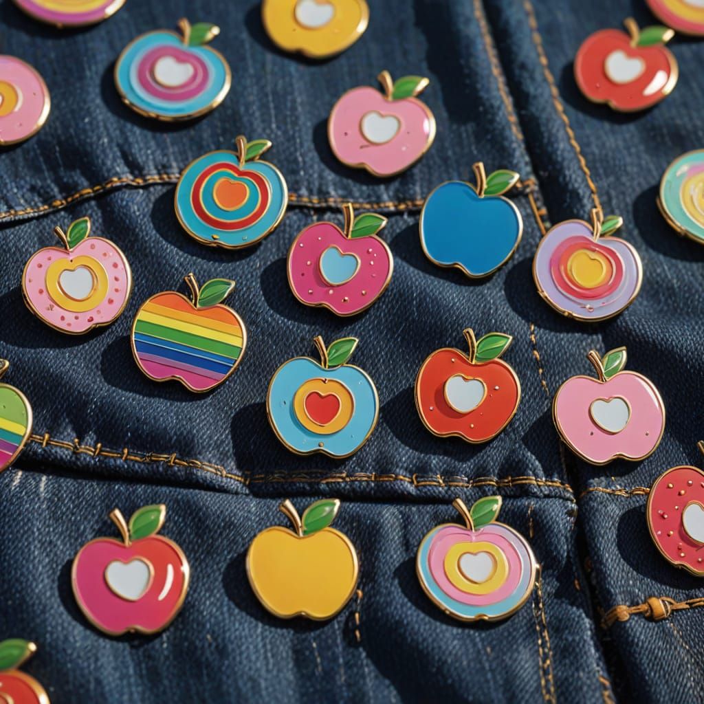 Vibrant Enamel Apple Pins on Denim in Hyperrealistic Macro P...