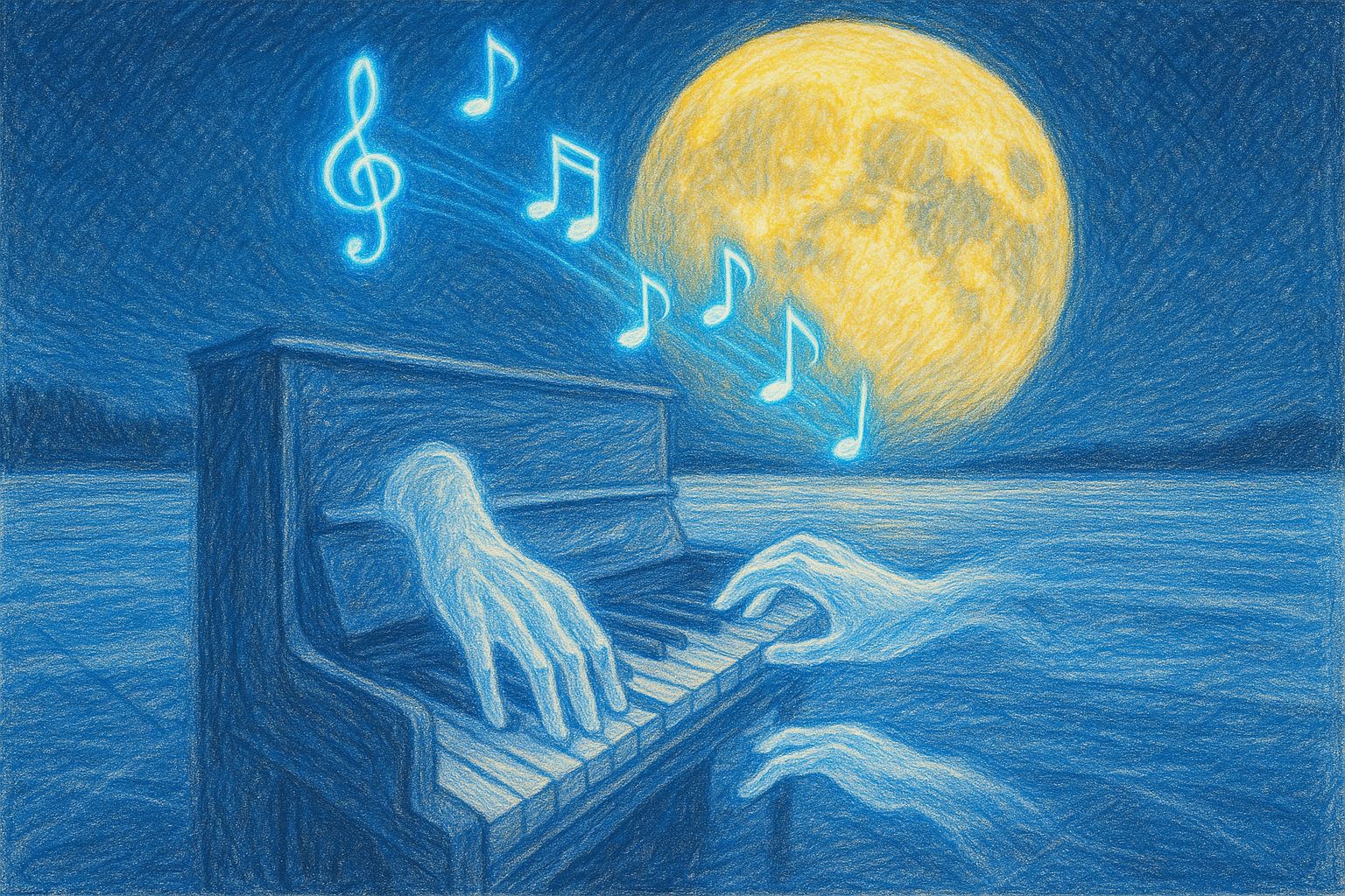 Surreal Piano on Frozen Lake Under Yellow Moon