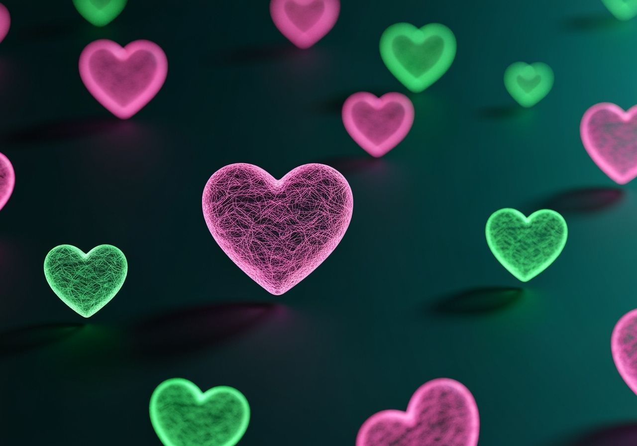 Translucent Pink and Green Hearts in 3D Rendered Style