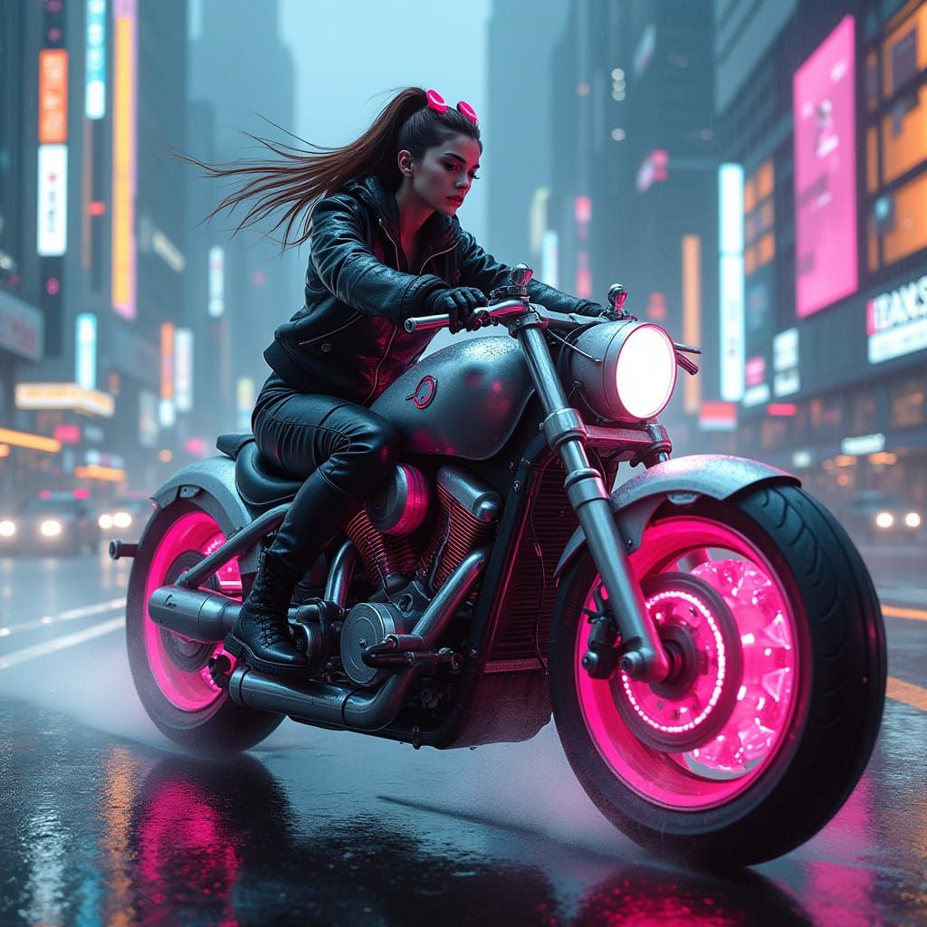 Cyberpunk Motorcycle Goddess in Neon Dreamscape