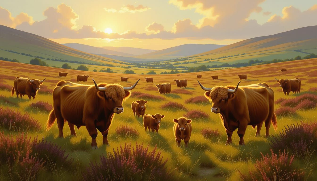 Highland Coos in Golden Scottish Field: Painterly Style