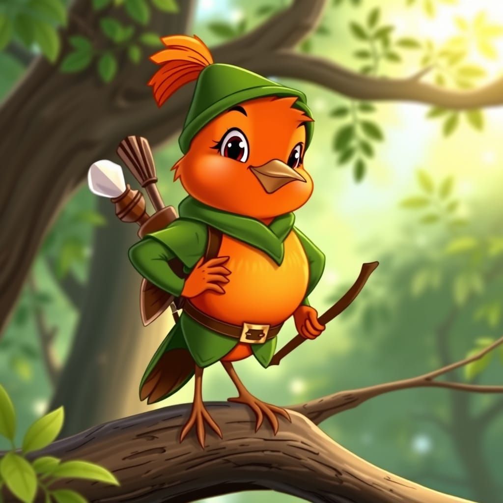 Robin Hood Bird in Classic Disney Animation Style