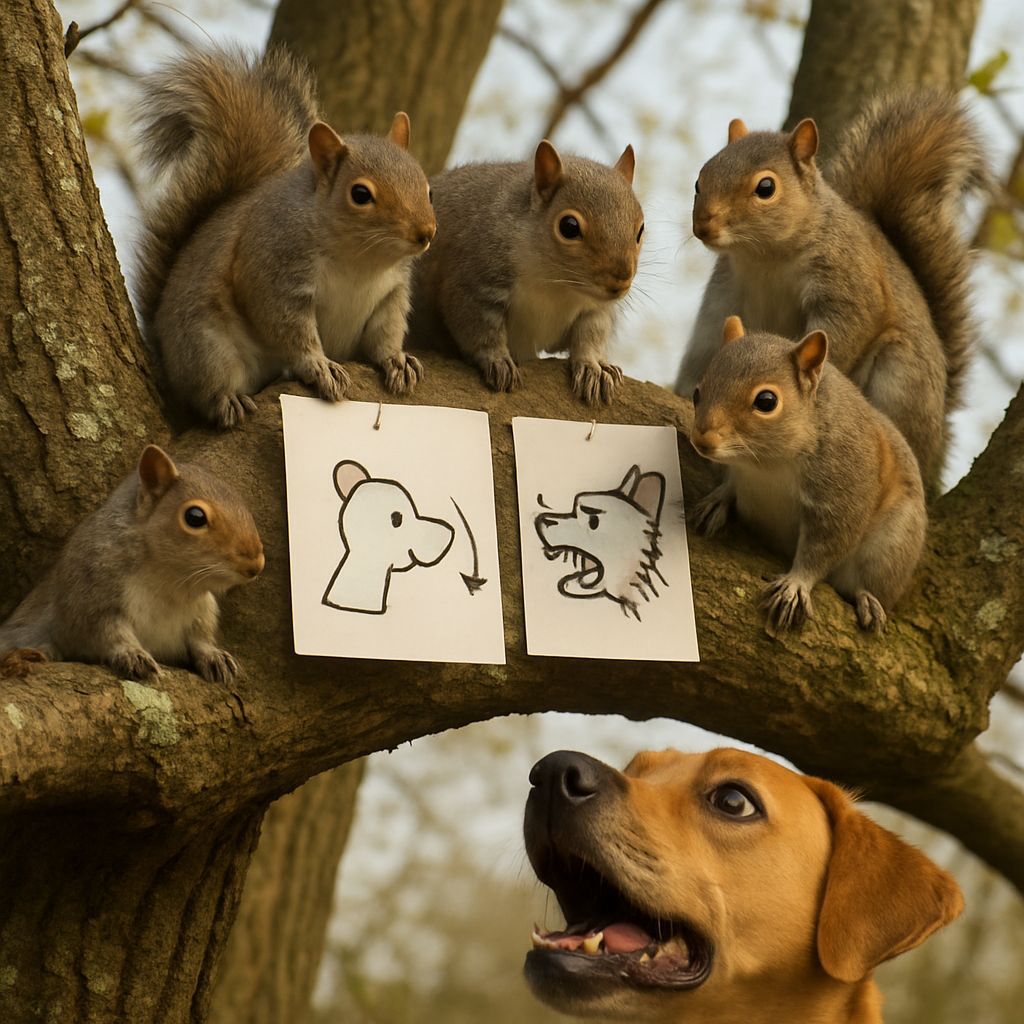 Squirrels Plotting Dog Annoyance in Realistic Tree Scene