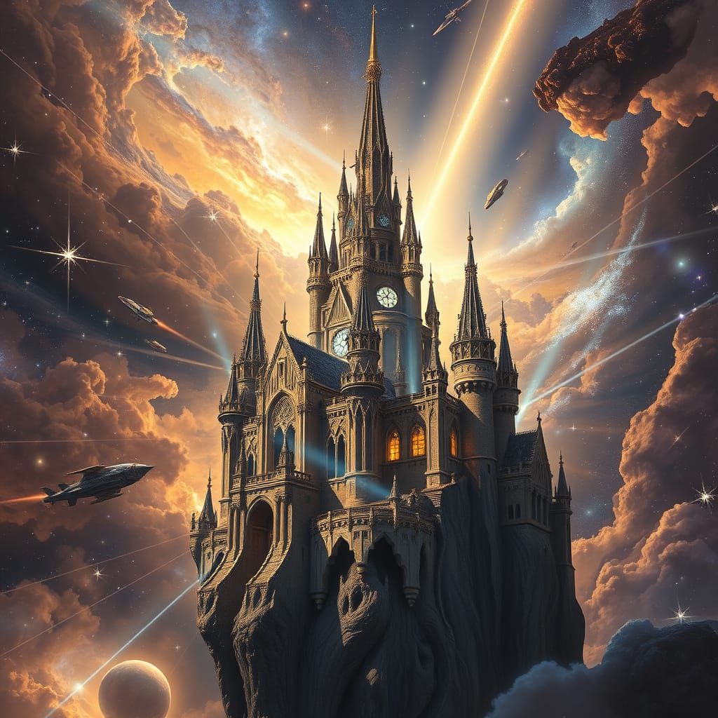 Celestial Castle Among Galaxies in Epic Space Art Style