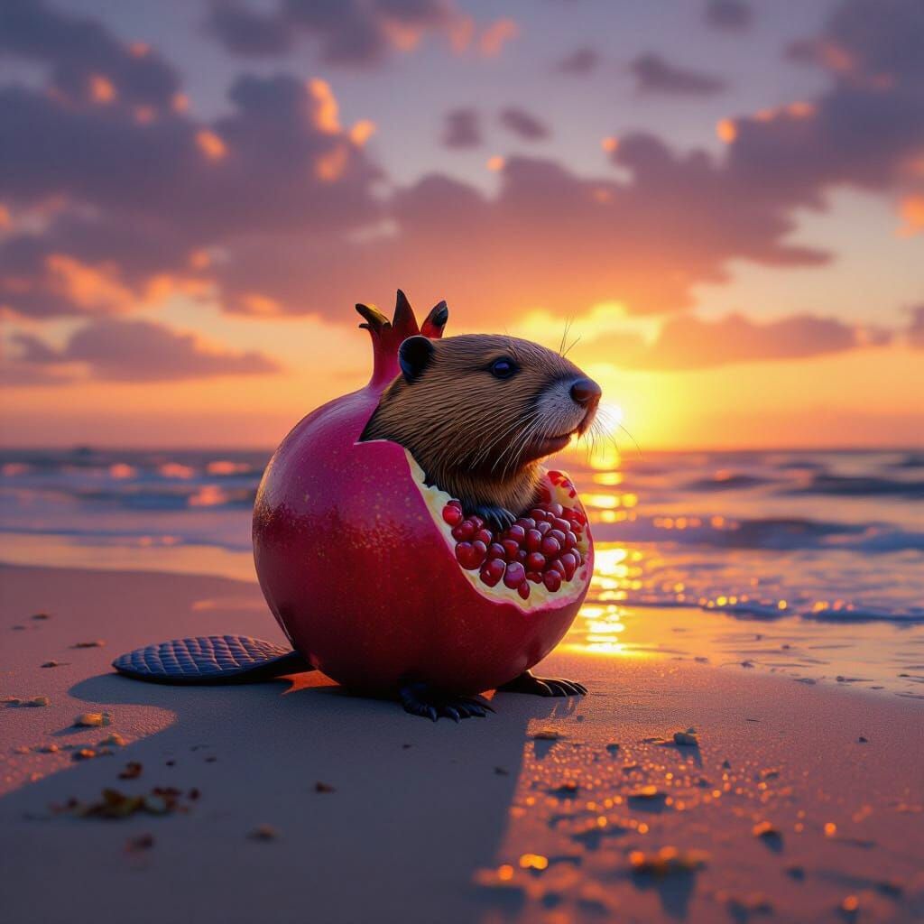 Surreal Pomegranate Sculpture with Beaver Head at Sunset