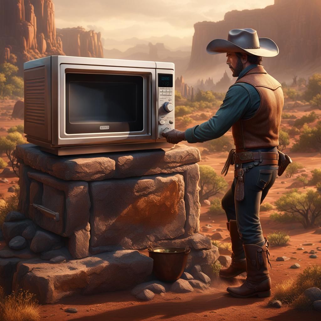 Cowboy Using a Microwave: Detailed Matte Painting