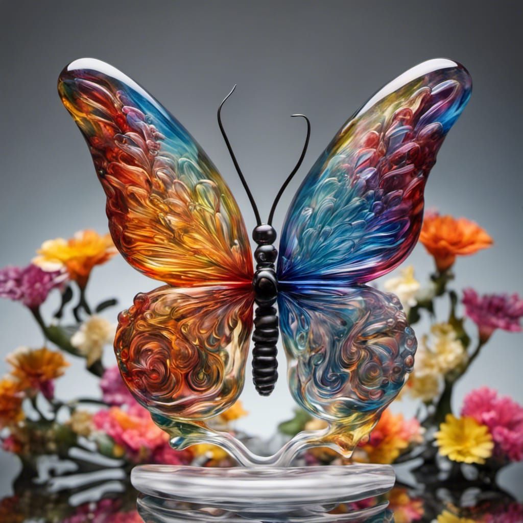 Hyperrealistic Glass Butterfly Figurine with Flowers