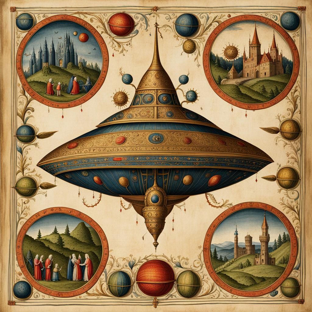 Medieval Illustration: Alien Family and Spaceship