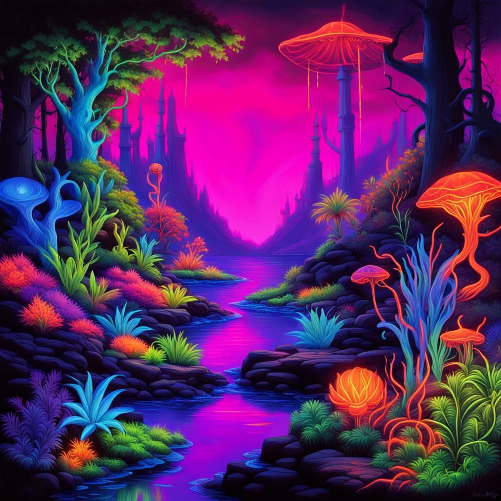Neon Blacklight Fantasy Landscape in Splash Art Style