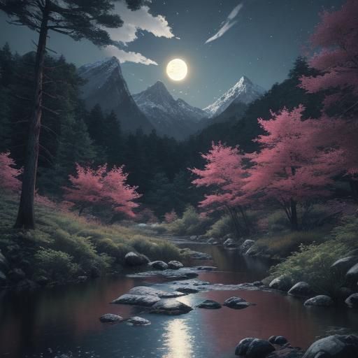 Luminous Creek: 3D Anime Art in Moonlight