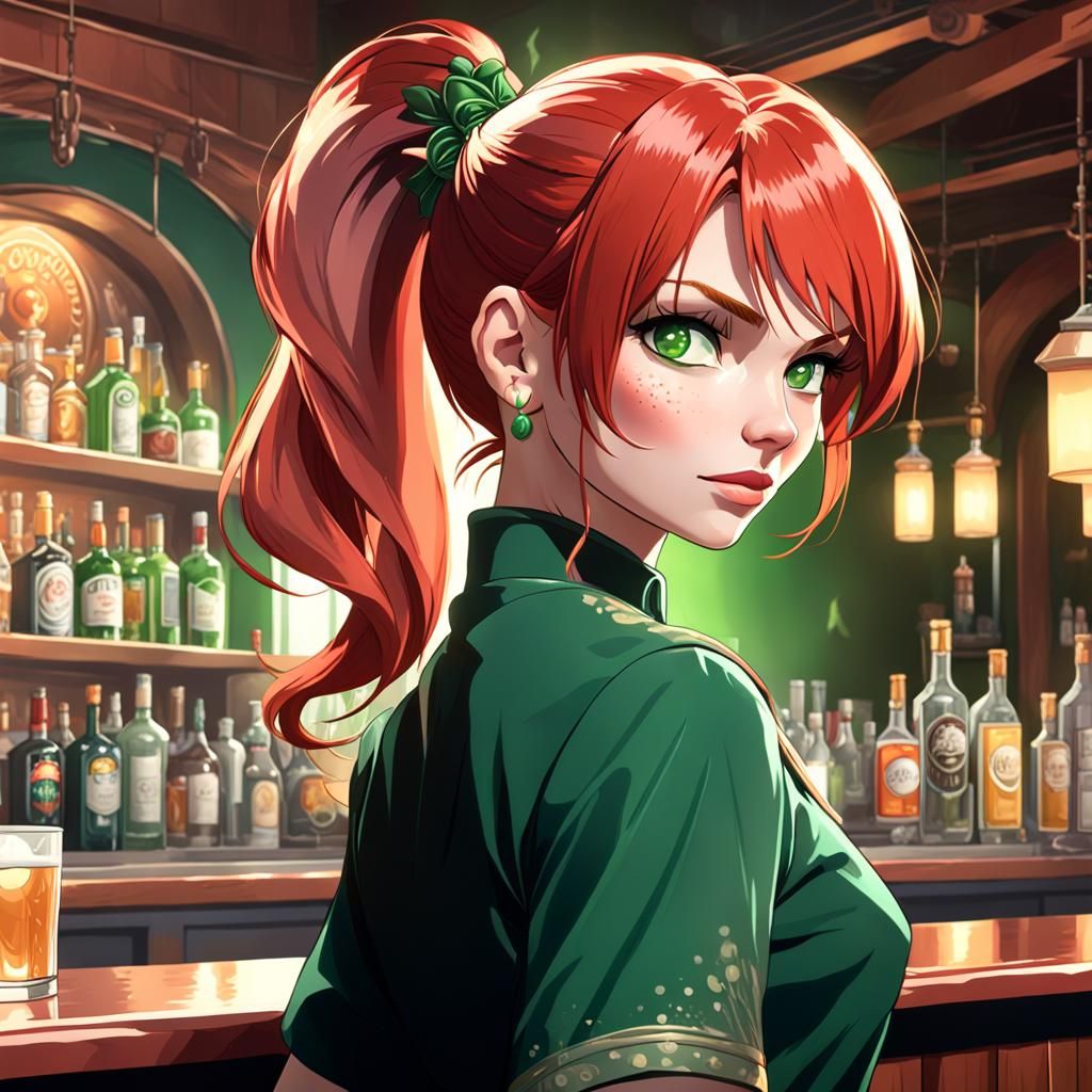Red-Haired Bartender Portrait in Art Nouveau Style