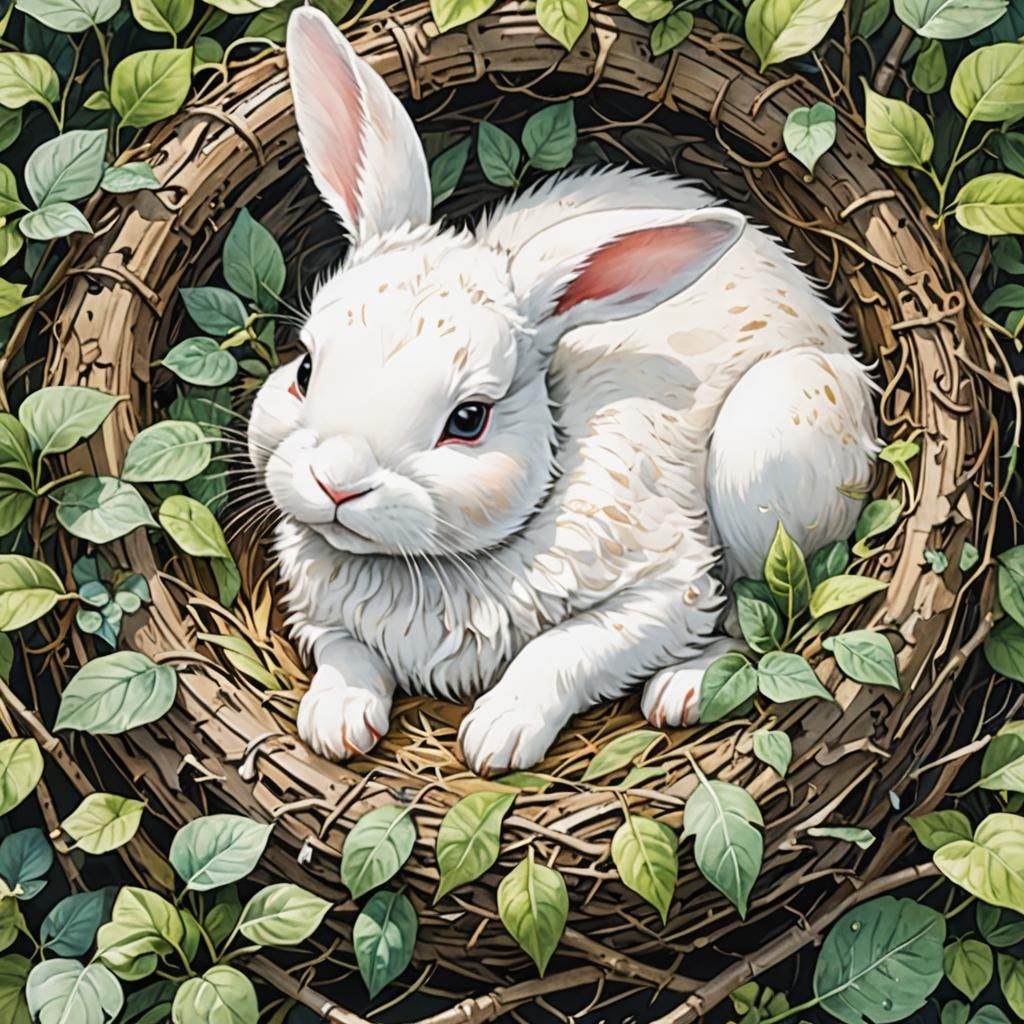 Cute White Bunny Sleeping: Watercolor Anime Illustration