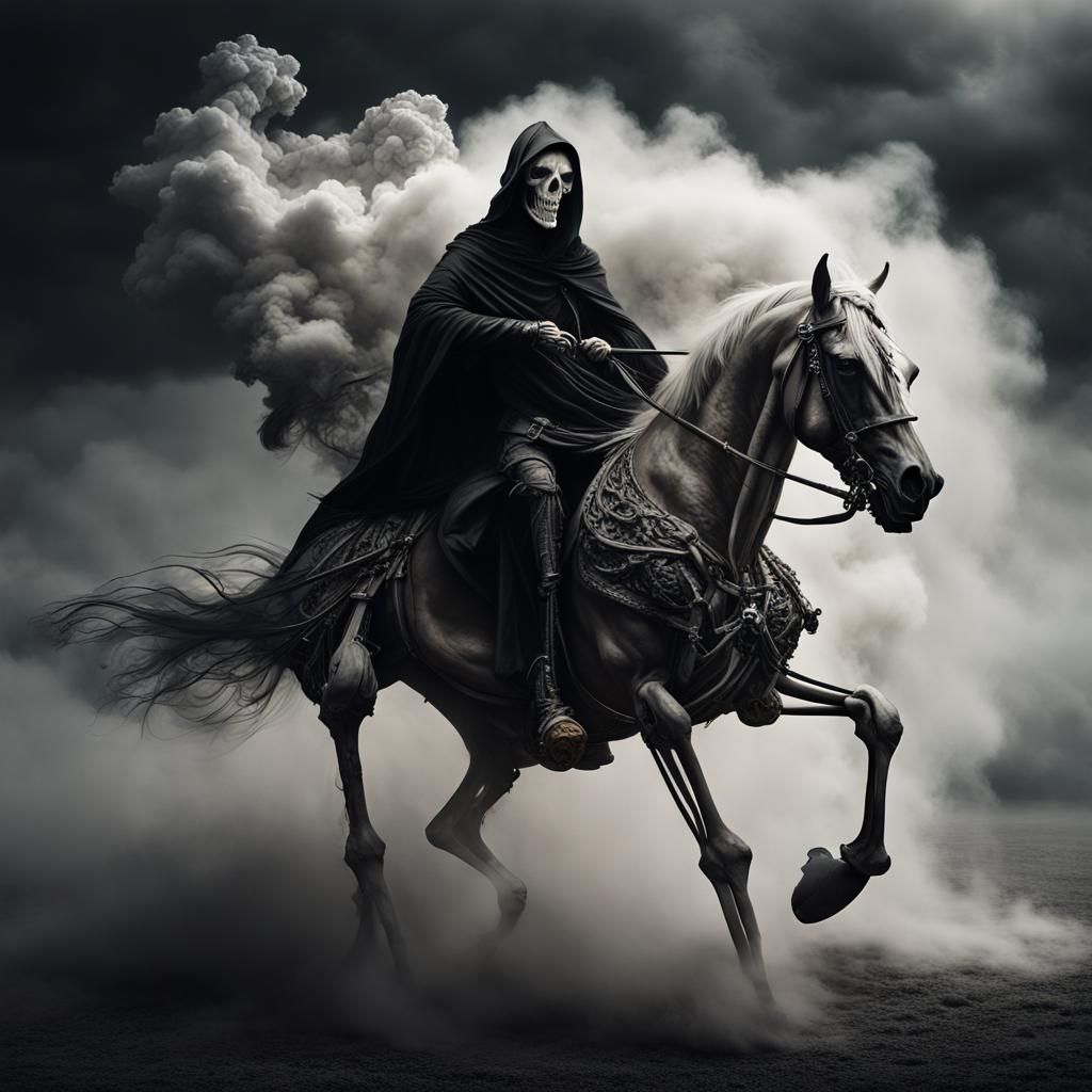 Grim Reaper on Skeletal Horse in Intense Mist