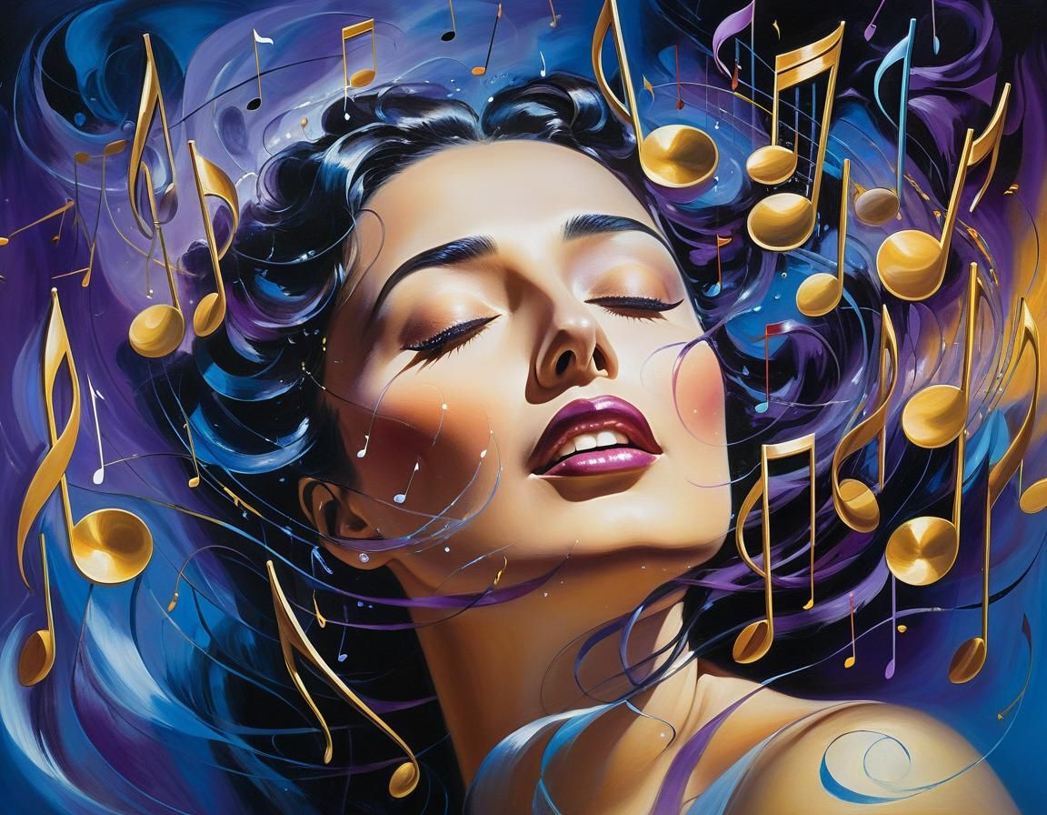 Ethereal Veiled Woman Surrounded by Musical Notes