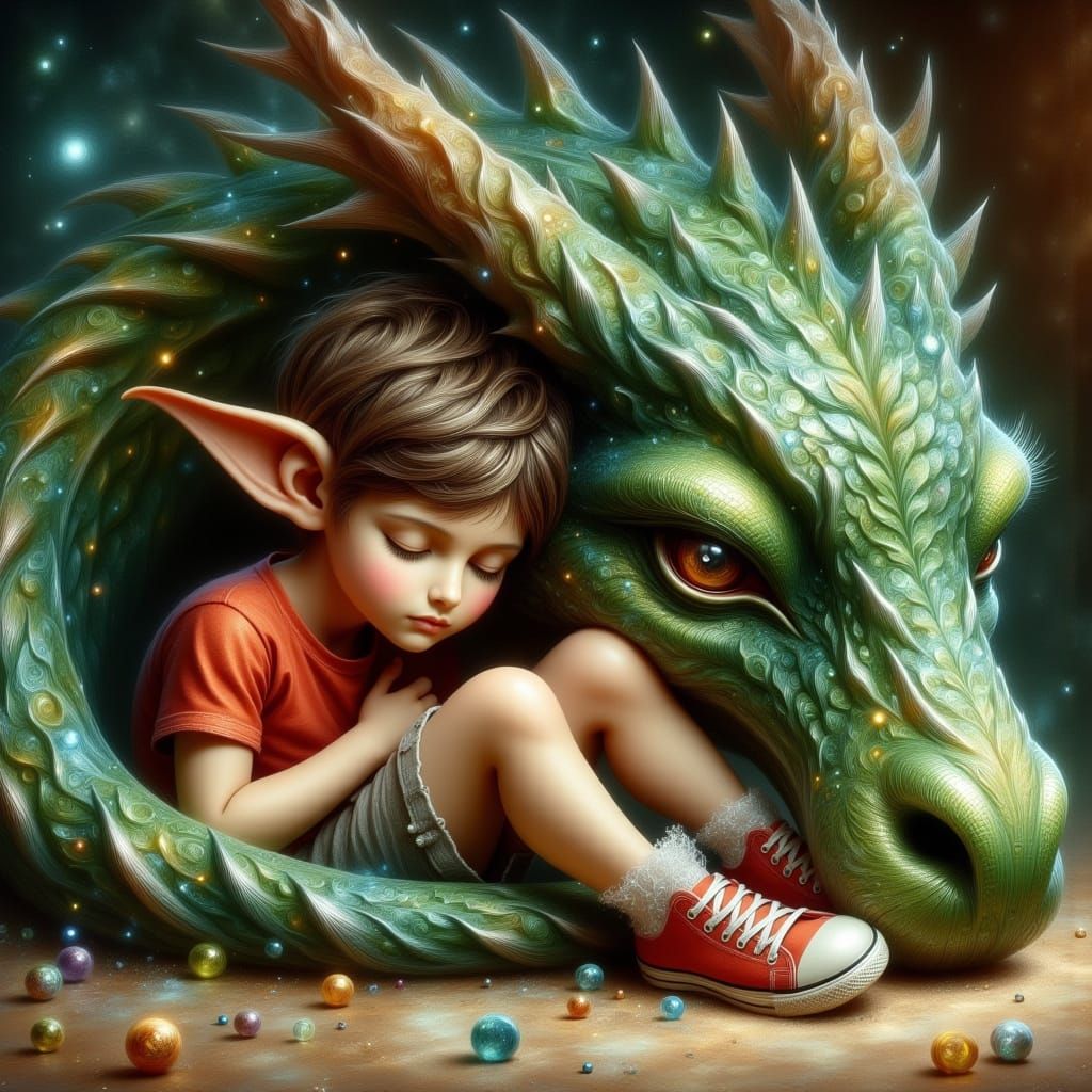 Boy Befriends Slumbering Green Dragon in Whimsical Fantasy S...