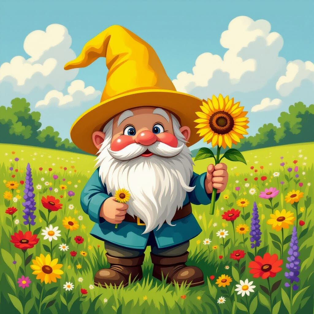 Whimsical Garden Gnome in a Wildflower Meadow