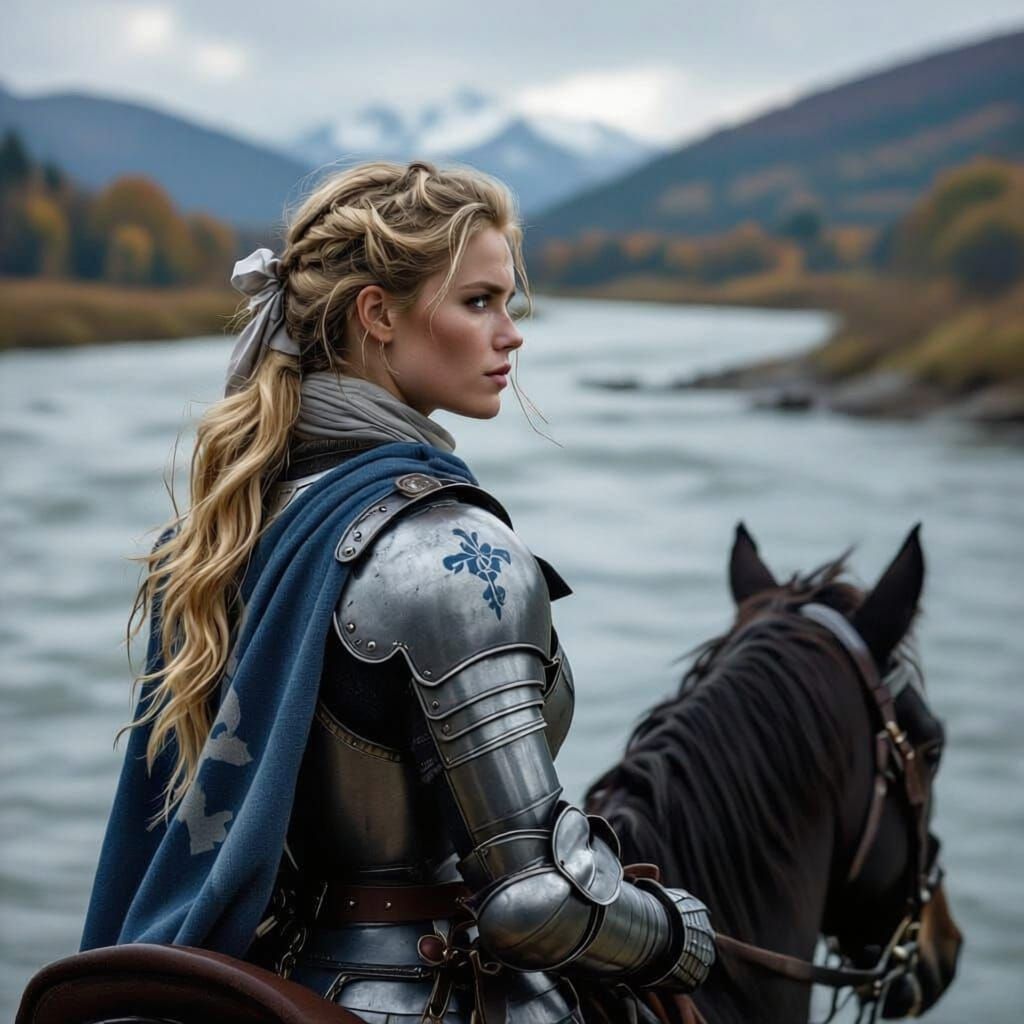 Woman Knight Contemplates Crossing Raging River