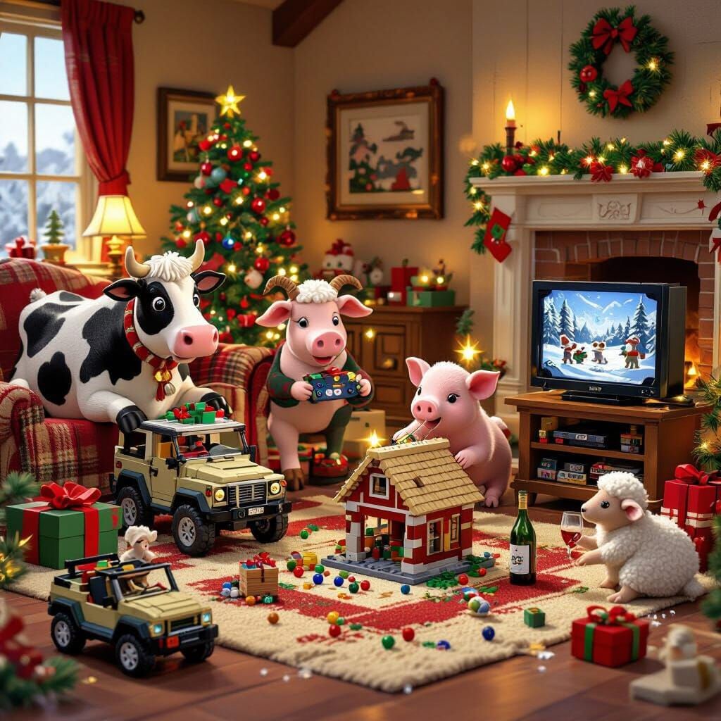 Farm Animals Celebrate Christmas Eve in Cozy Living Room