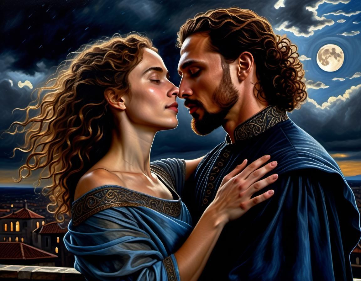 Passionate Embrace in Chiaroscuro Oil Painting