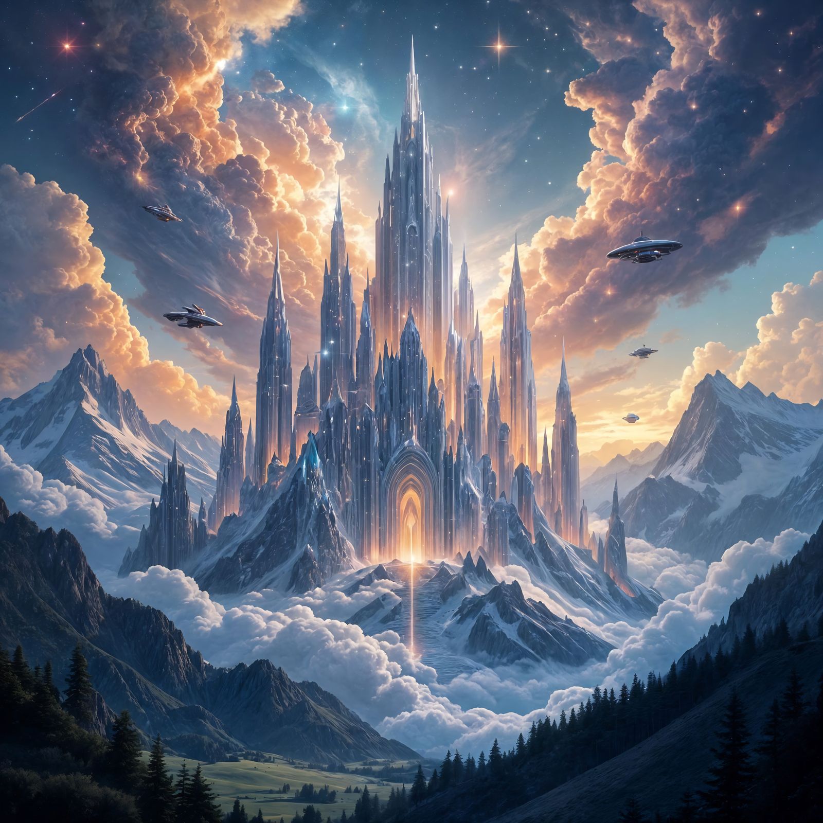 Cosmic Cathedral Floating Above Swiss Alps in Fantasy Style