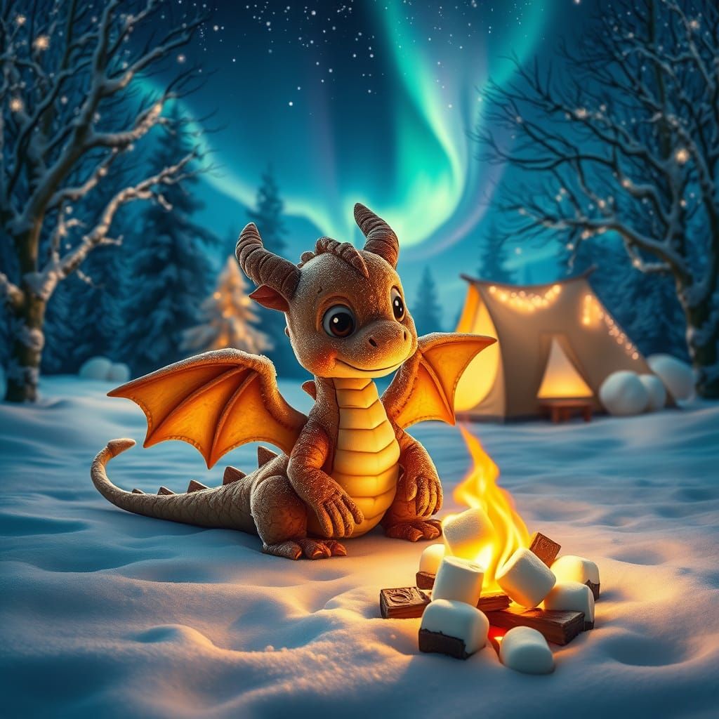 Whimsical Graham Cracker Dragon by a Winter Campfire