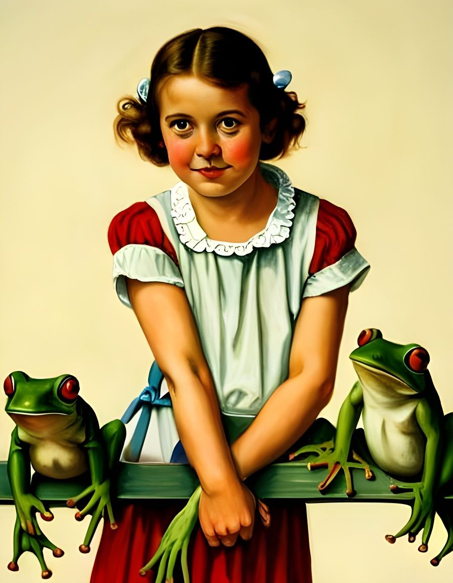 Girl Holding Frogs in Rockwell Style