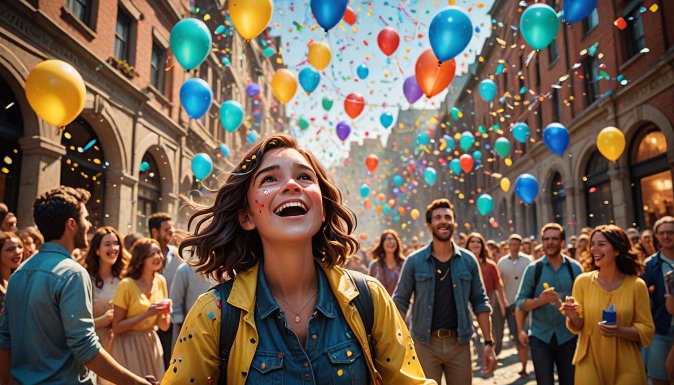 Vibrant City Square Filled with Whimsical Pranks