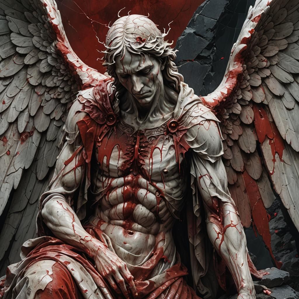 Cracked Angel Statue Weeping Blood as Digital Art