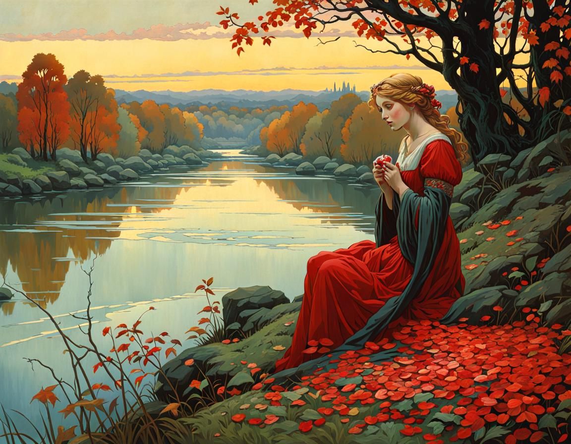 Sad Girl with Bleeding Heart in Autumn