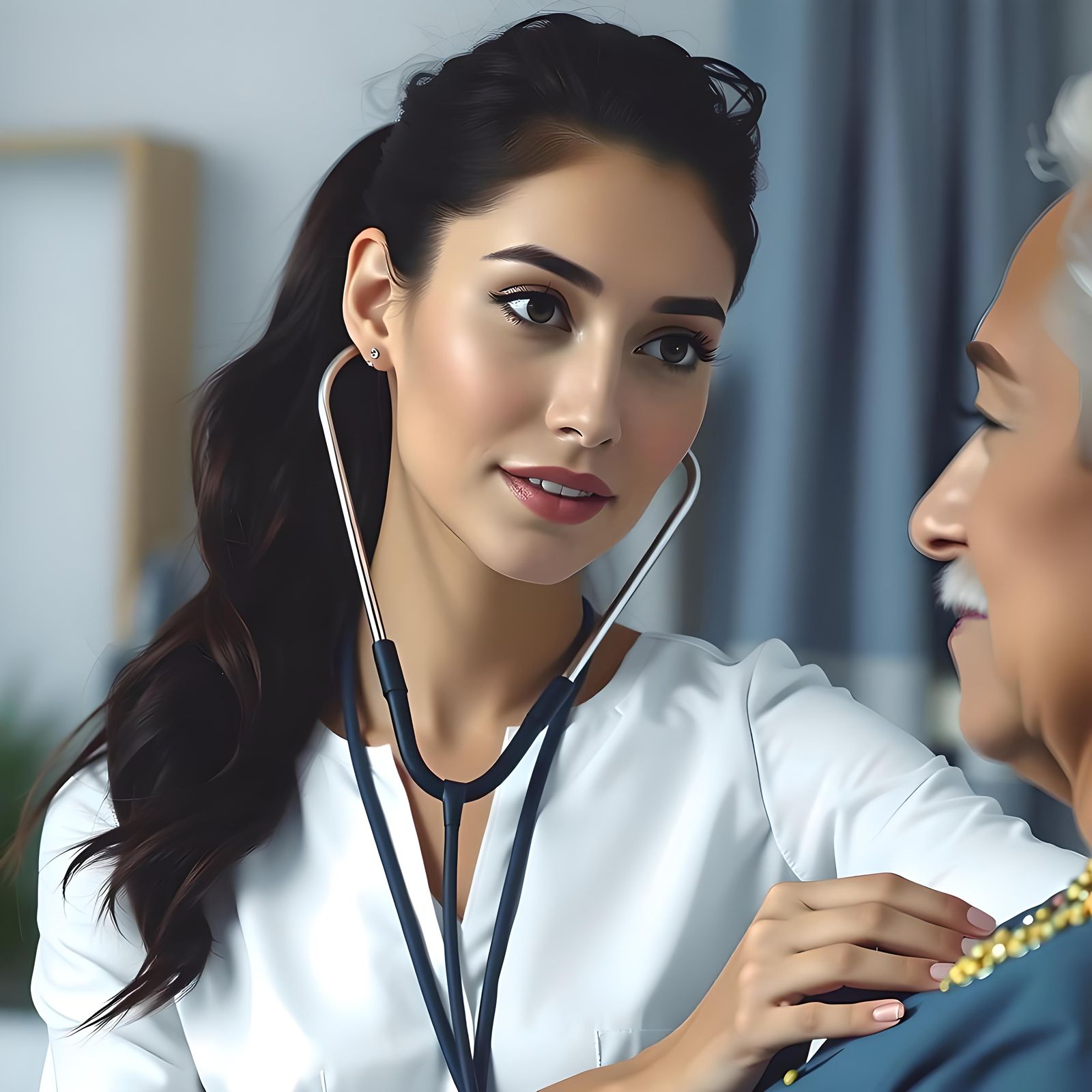 A beautiful dark haired nurse with her hair pulled back in a...