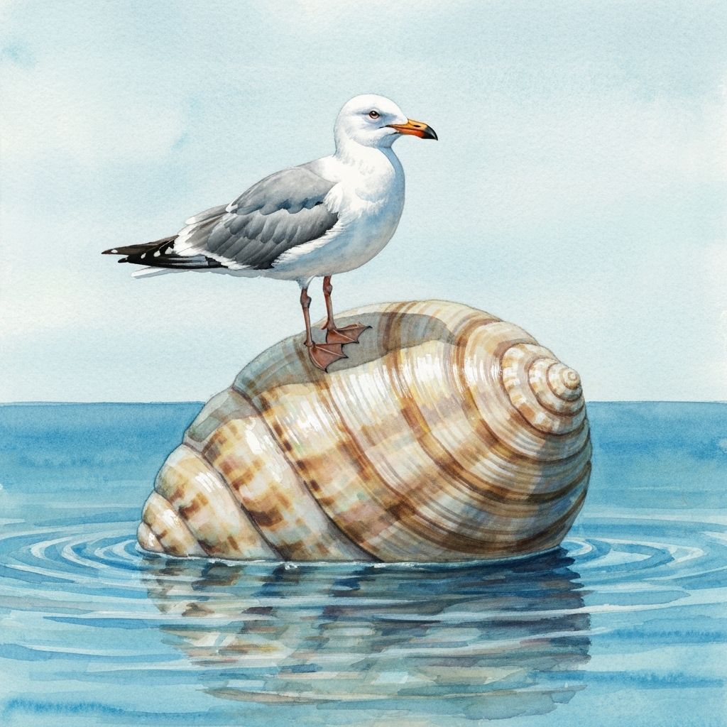 Seagull on Iridescent Seashell: Watercolor Painting