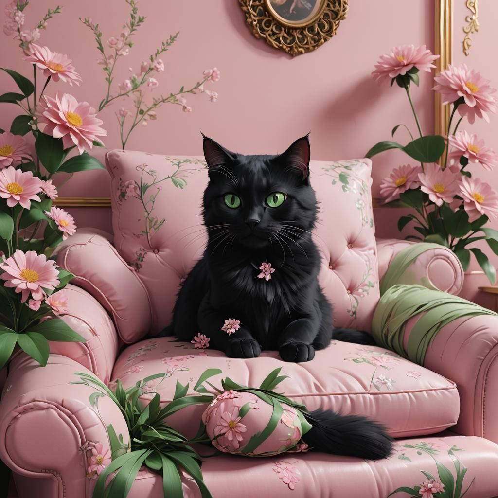 Anime Cat on Pink Couch in 3D Rendered Art