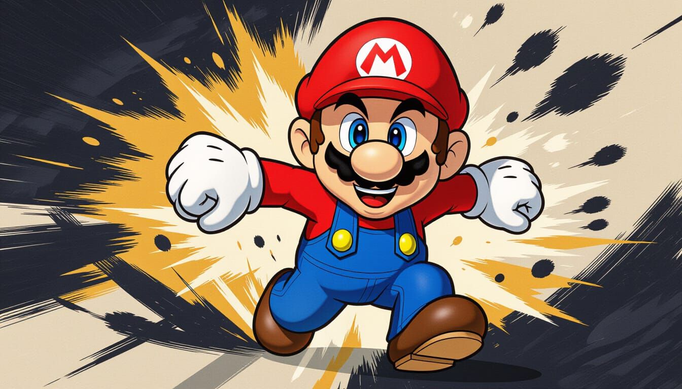 Cartoon Mario in Dynamic Action Scene