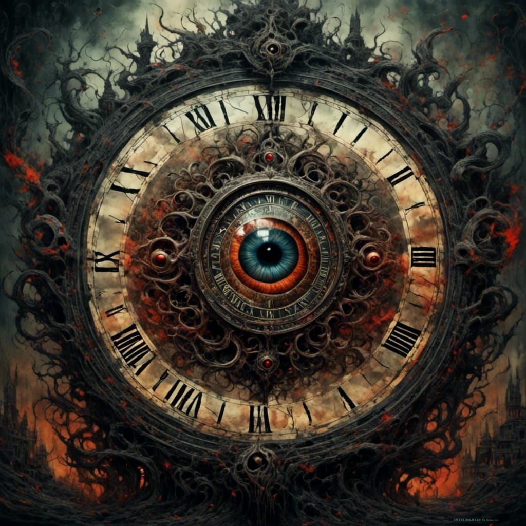 Clock Face with Demon Eyes in Double Exposure