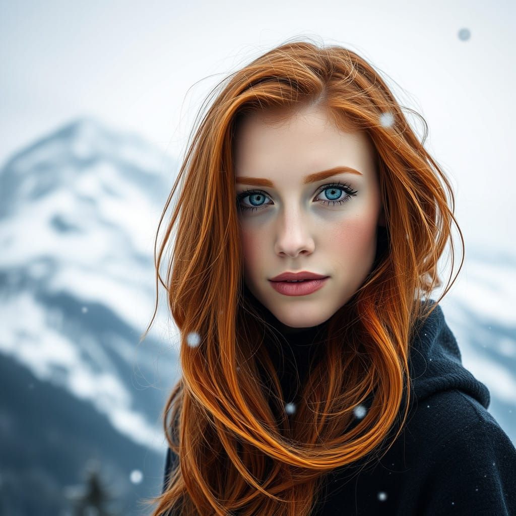 Ginger Haired Beauty Amidst Snowy Peaks