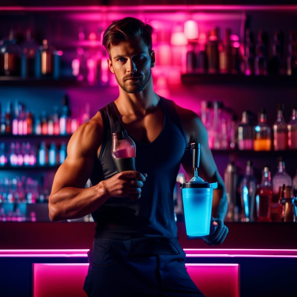 Night cafe barman. High resolution photo, cinematic, neon background. Handsome, muscular man with shaker in his hands.