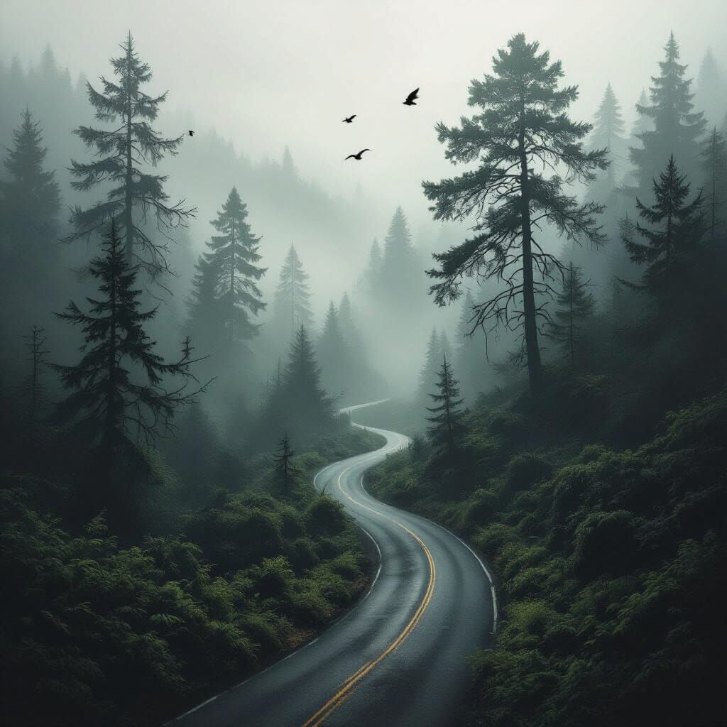Misty Forest Road in Ominous Style